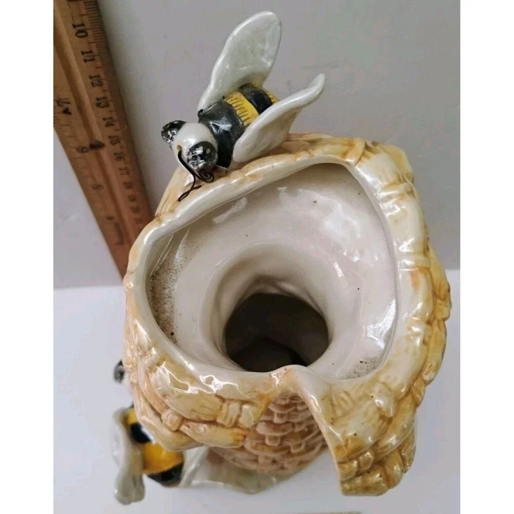 Vintage A.F.D. 2003 Majolica Ceramic Bees Flowers Vase Beehive Lusterware